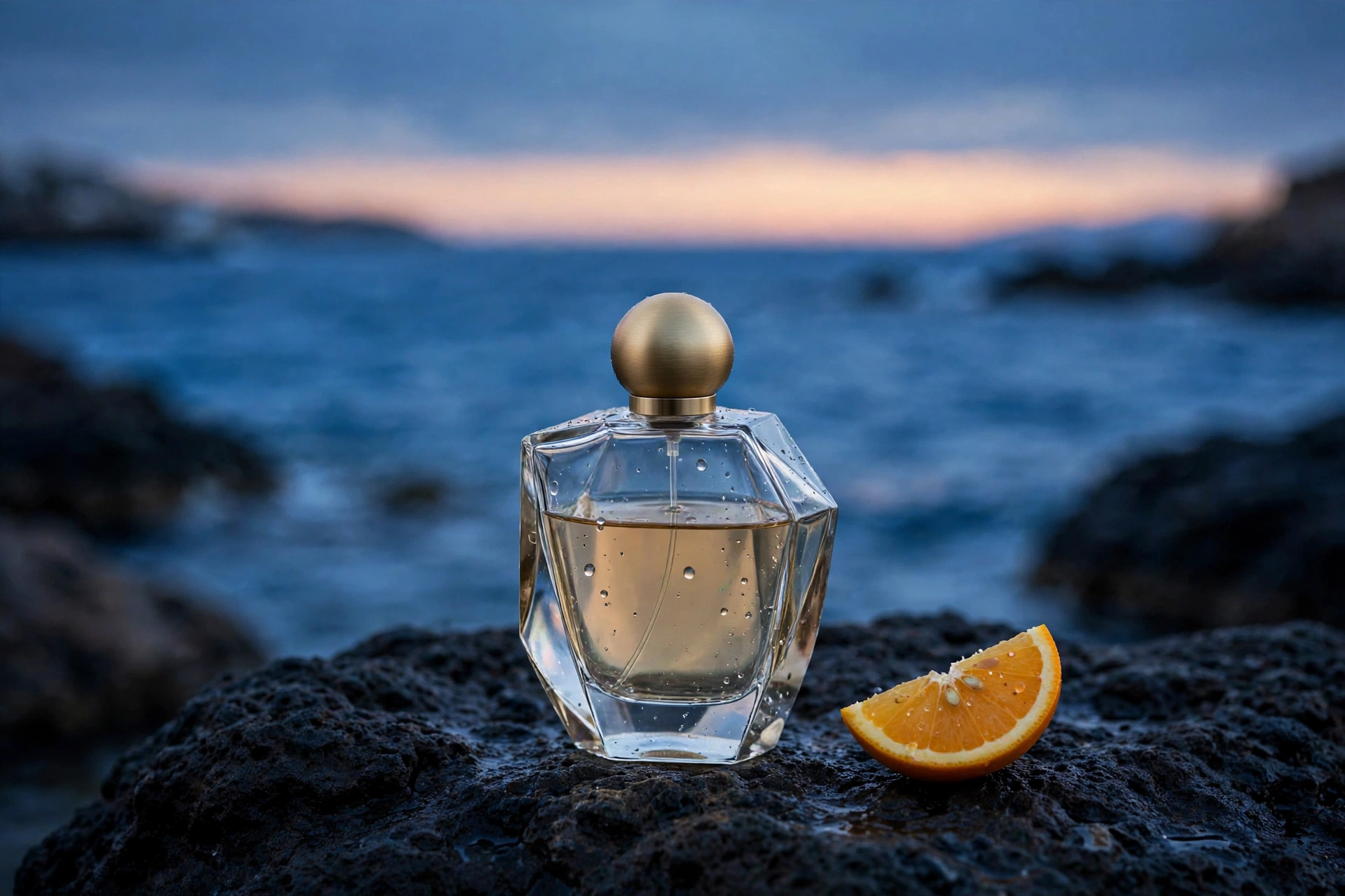 The reference perfume bottle placed on a coast at dusk.