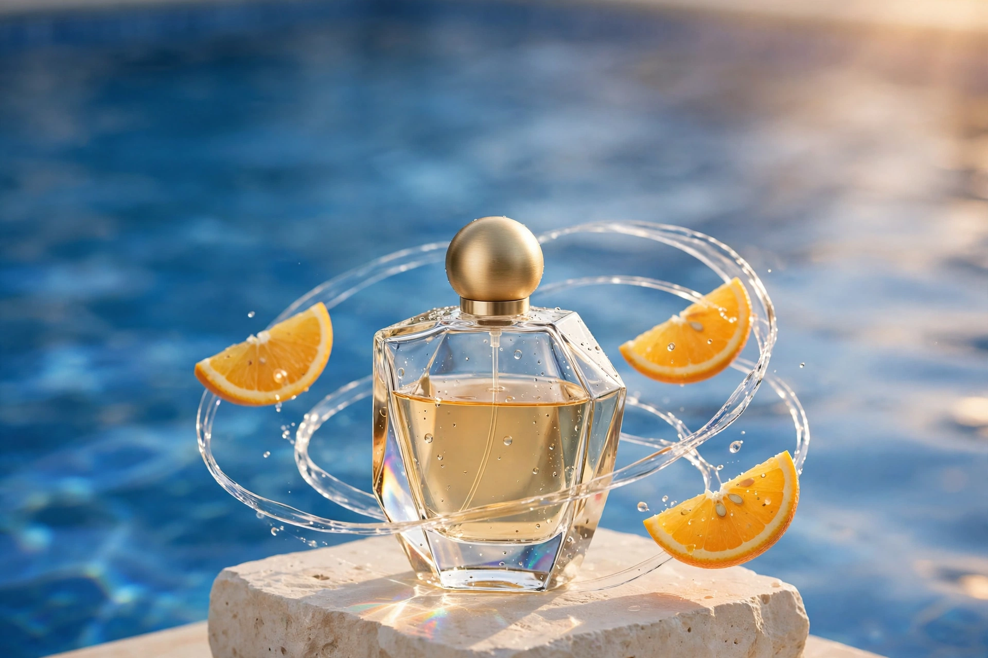 A perfume product image with orange slices and water droplets.