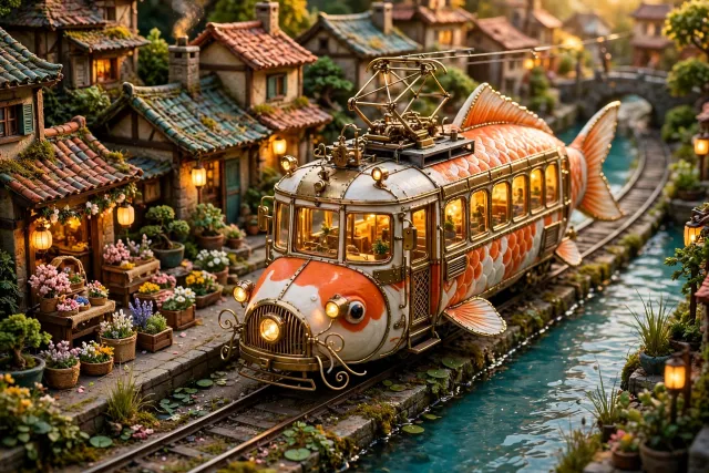 Immagine di riferimento · Un tram a forma di carpa koi in movimento
