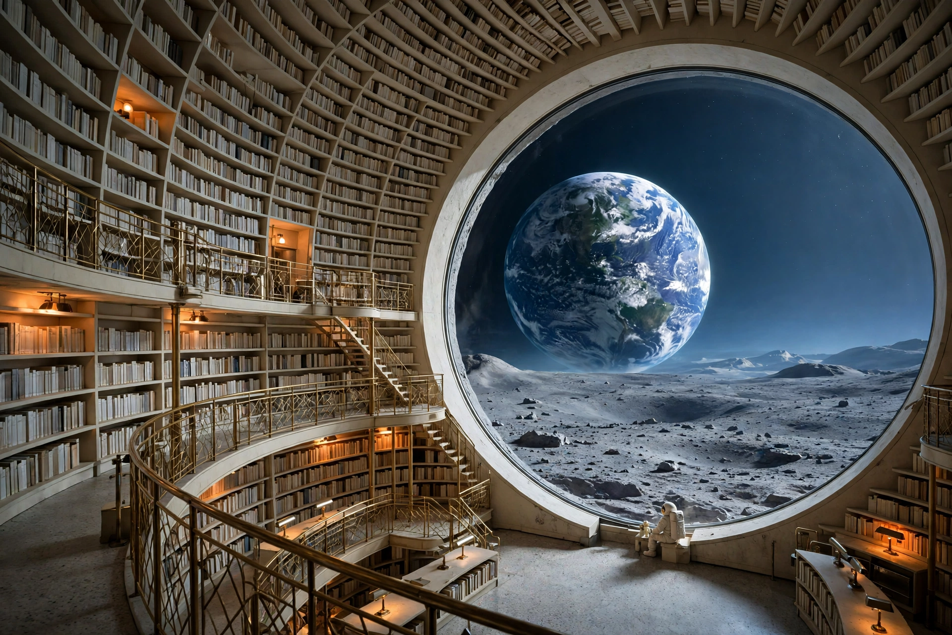 A library window overlooking the lunar surface and Earth.