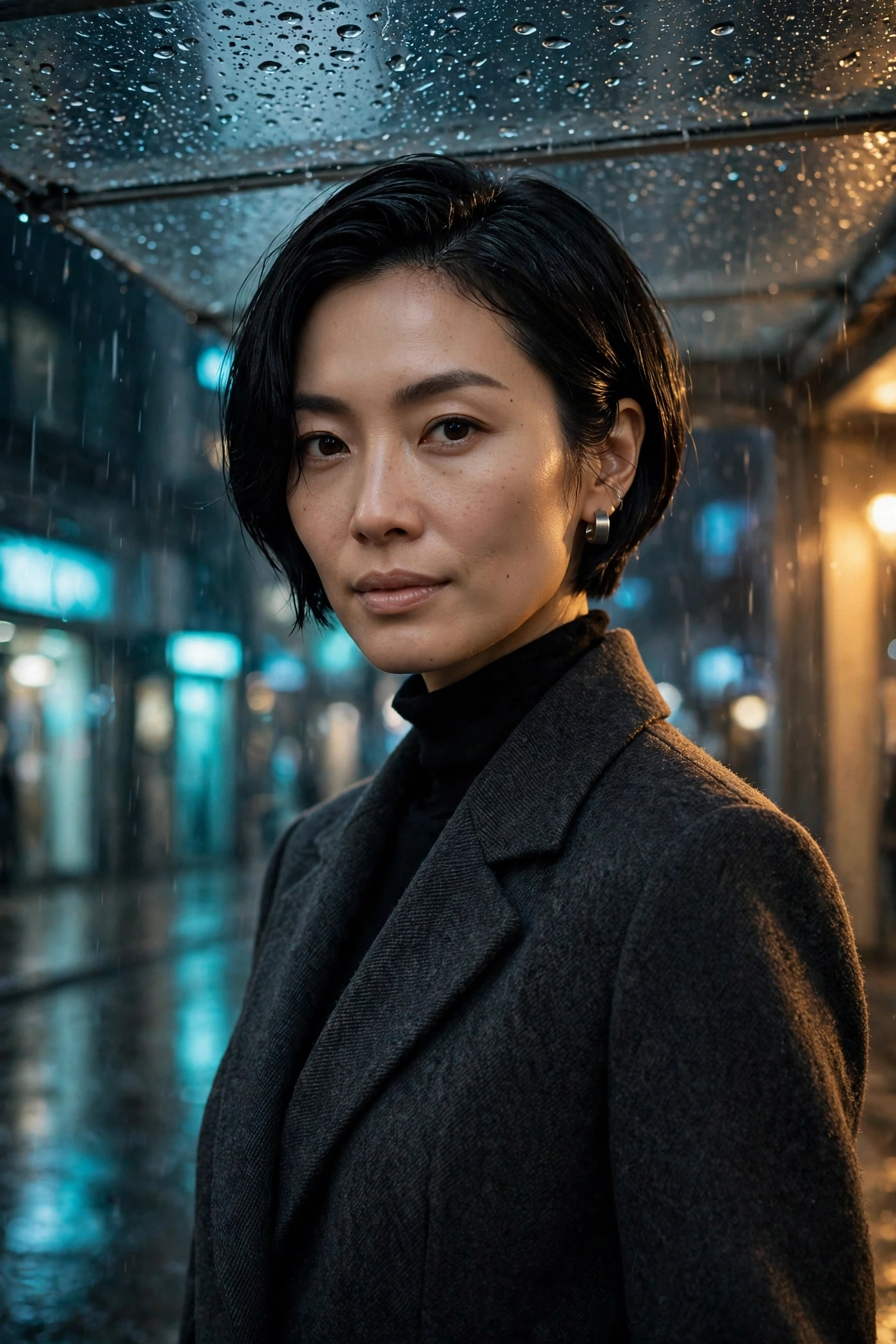 A woman with short hair and a dark coat under street lights.