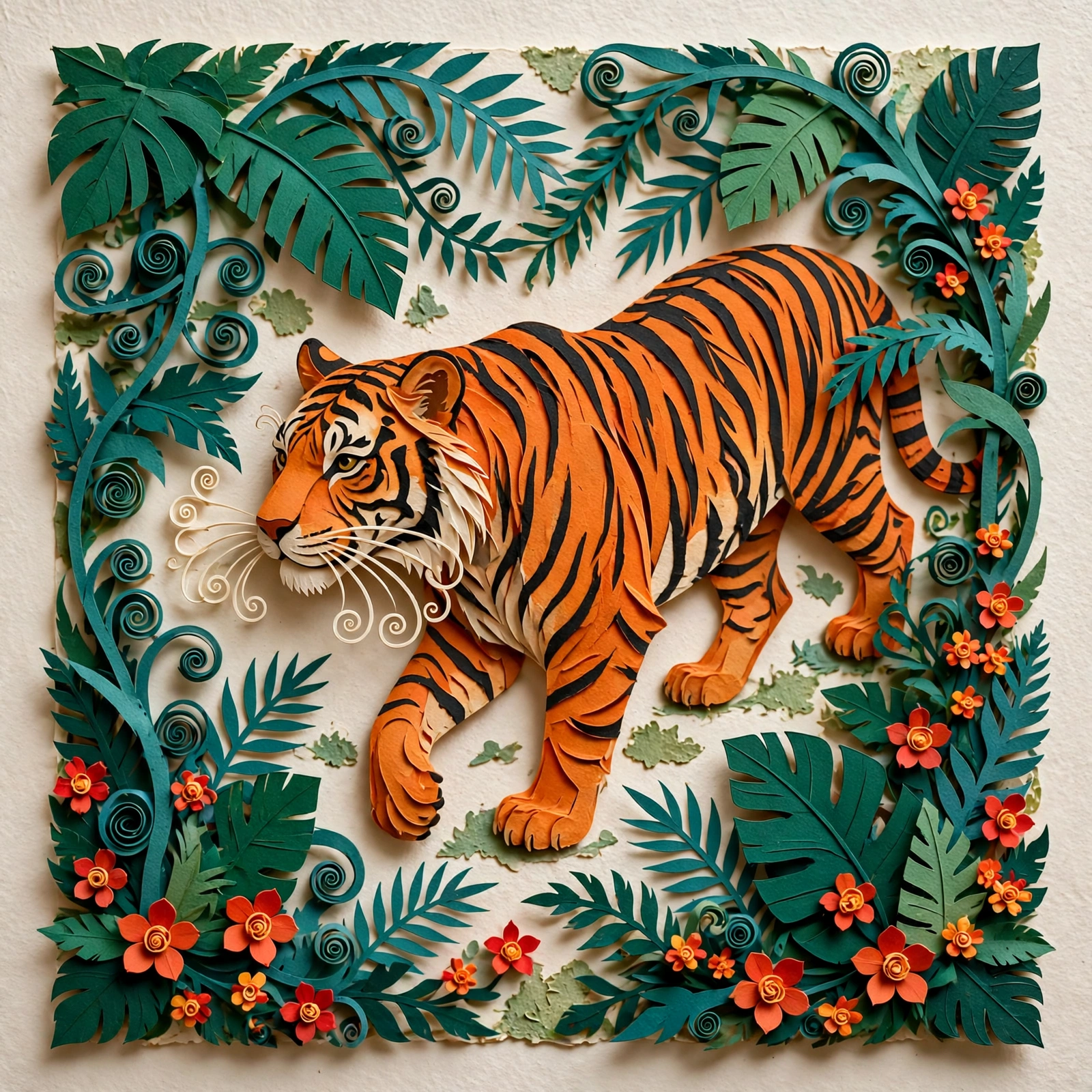 A tiger, leaves and flowers made from layers of cut paper.