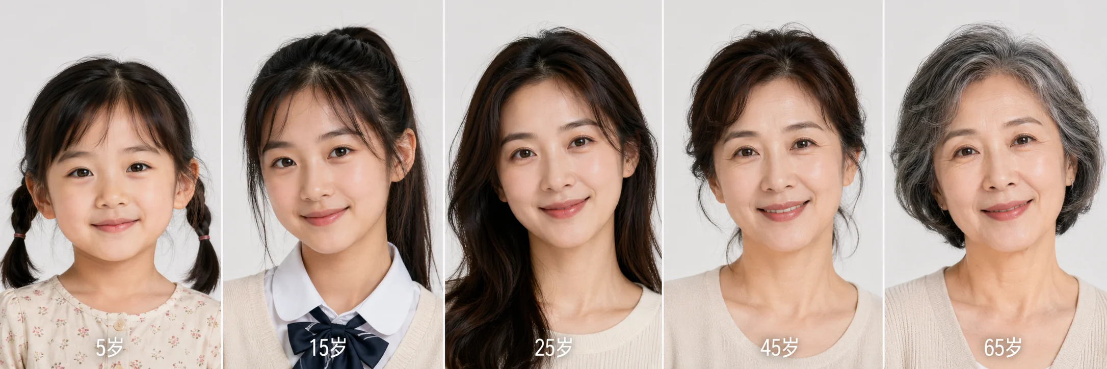 Sequenza orizzontale di cinque ritratti della stessa donna asiatica alle età 5, 15, 25, 45 e 65 con tratti coerenti