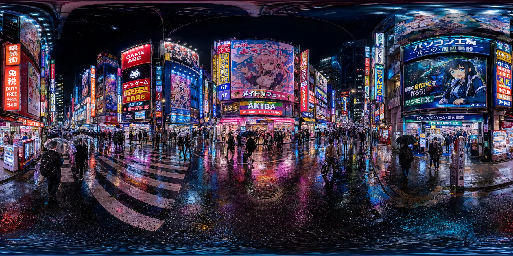 Panorama equirettangolare 360° di Tokyo Akihabara di notte con cartelloni neon e strade bagnate dalla pioggia