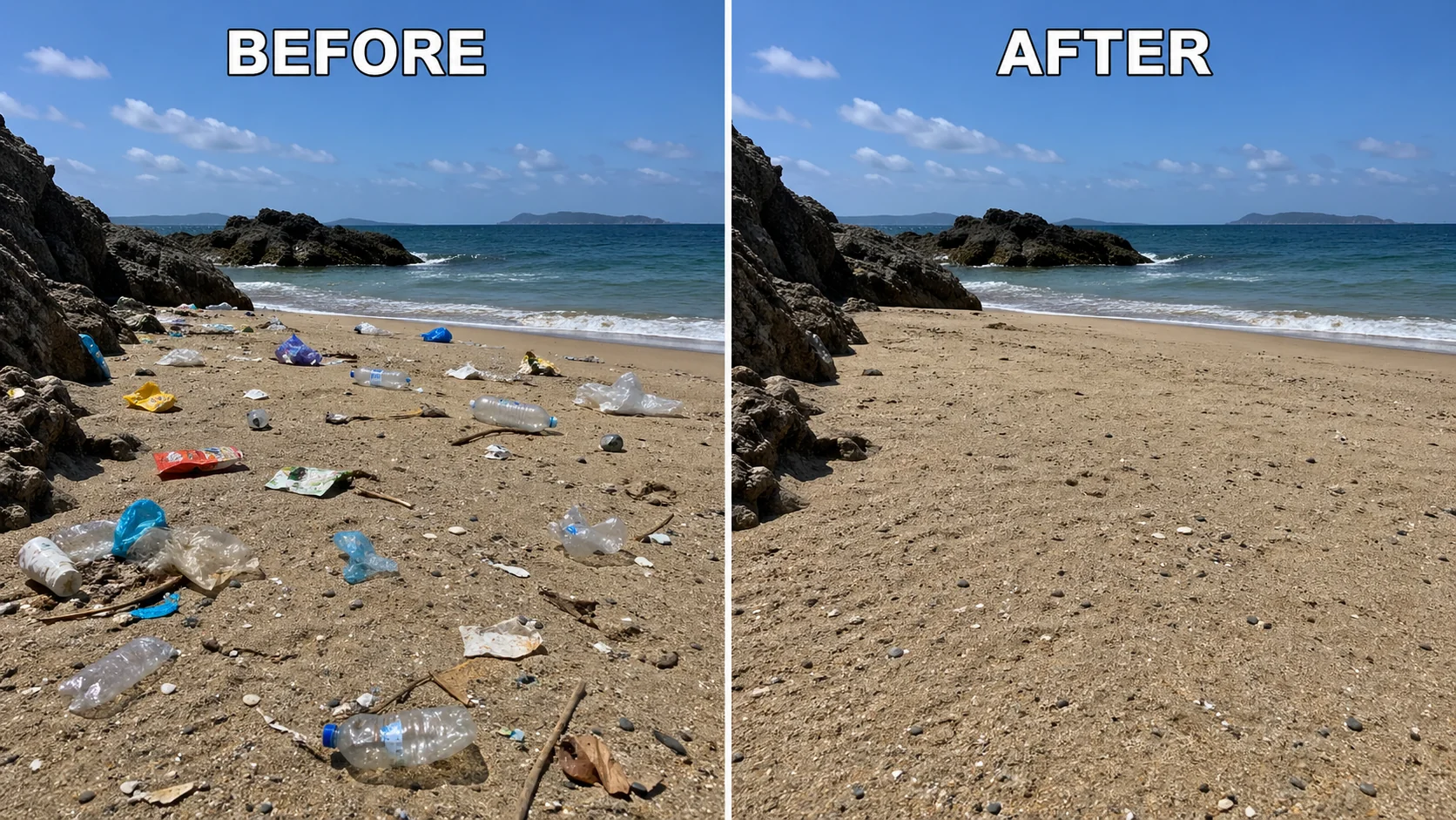 Confronto prima-dopo che mostra rimozione oggetti: spiaggia con rifiuti e la stessa spiaggia perfettamente pulita