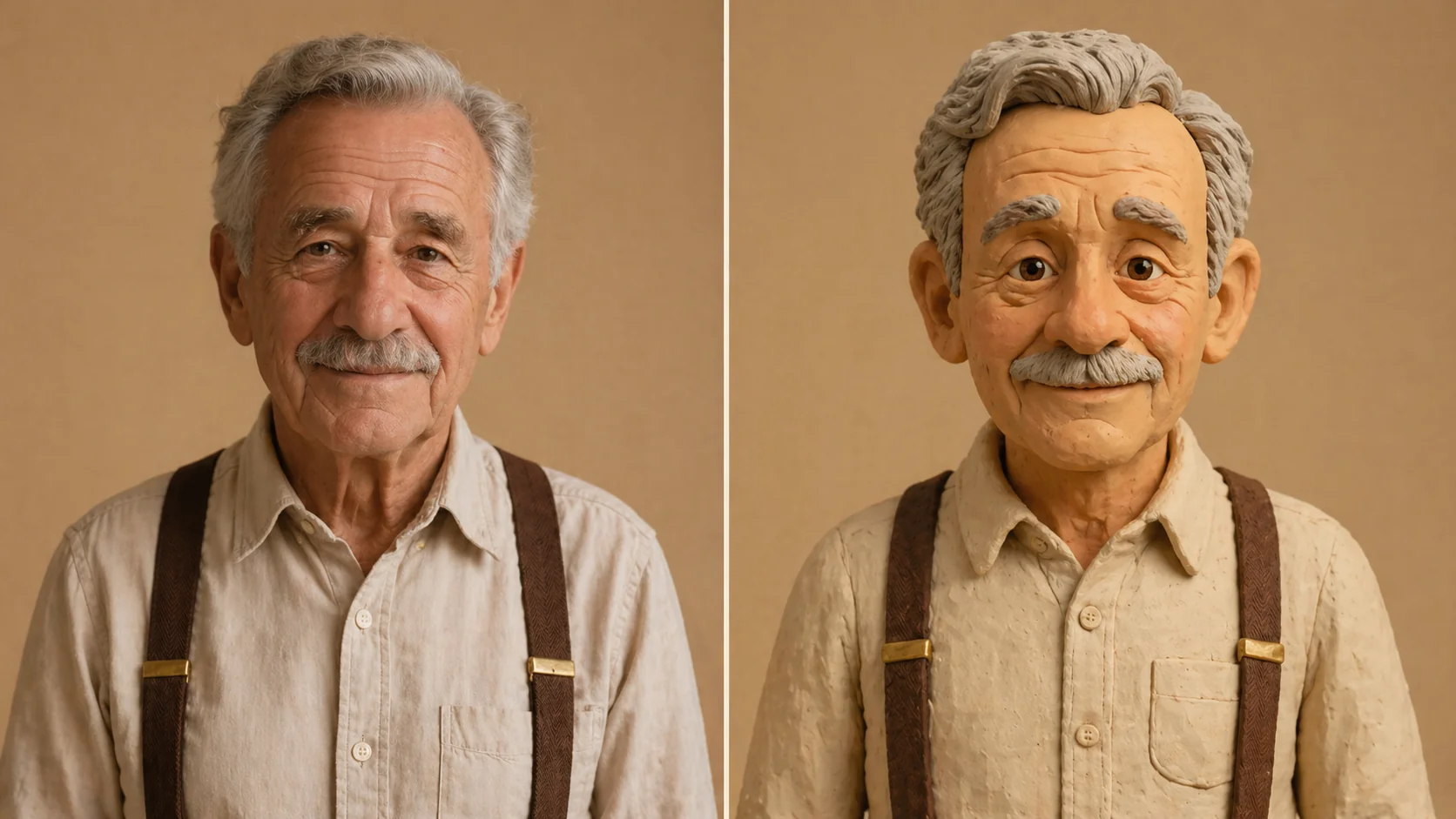 Confronto fianco a fianco: ritratto fotorealistico di un nonno e la stessa persona come figurina di plastilina