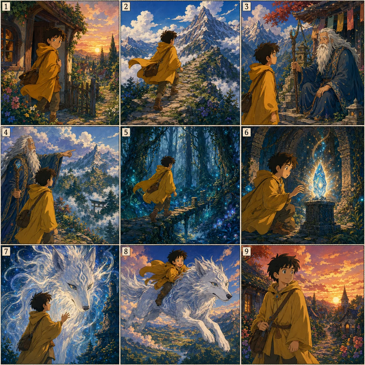 Storyboard Disney 2D classico 3x3 di un giovane eroe con mantello giallo in avventura iniziatica