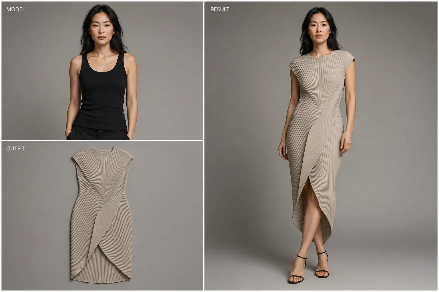 Camerino virtuale moda IA in trittico: modella + outfit + risultato finale