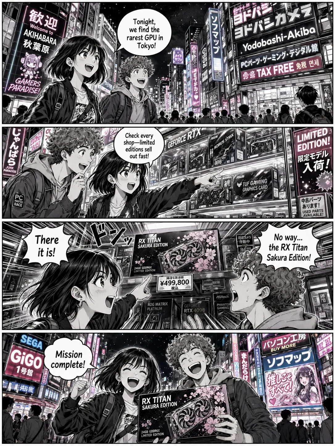 Pagina manga moderna quattro pannelli di due amici alla ricerca della GPU più rara ad Akihabara di notte