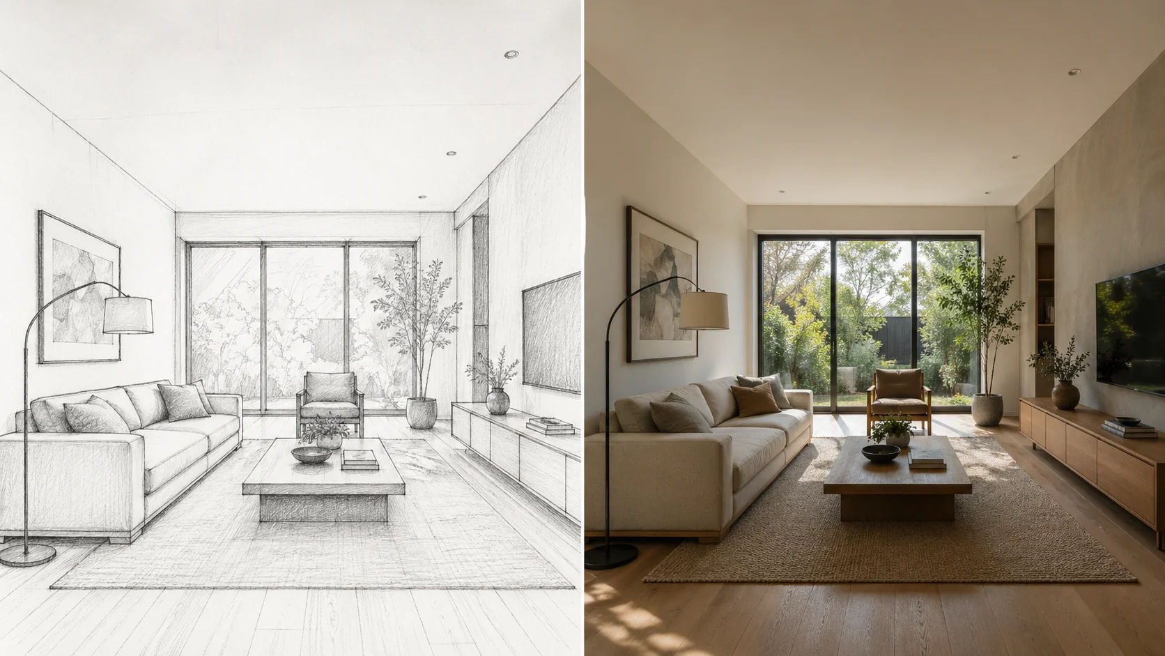 Confronto fianco a fianco: schizzo a matita architettonico di salotto e la stessa stanza renderizzata come foto fotorealistica
