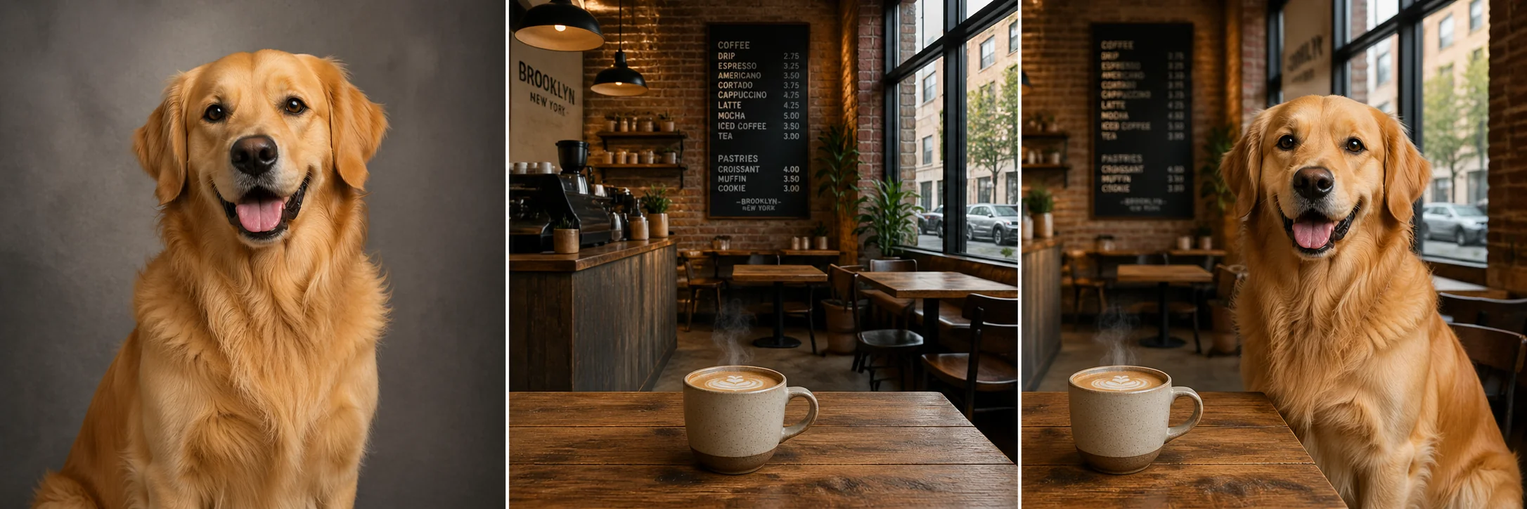 Trittico che mostra due immagini sorgente di un golden retriever e di un caffè più la scena finale composta
