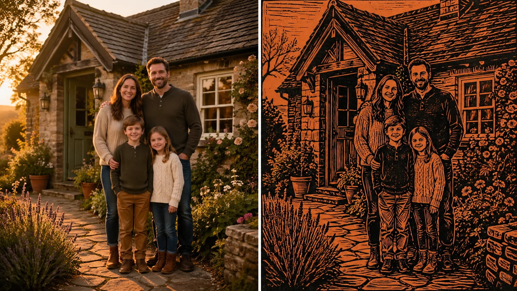 Confronto fianco a fianco: famiglia fotorealistica al cottage e la stessa scena come xilografia