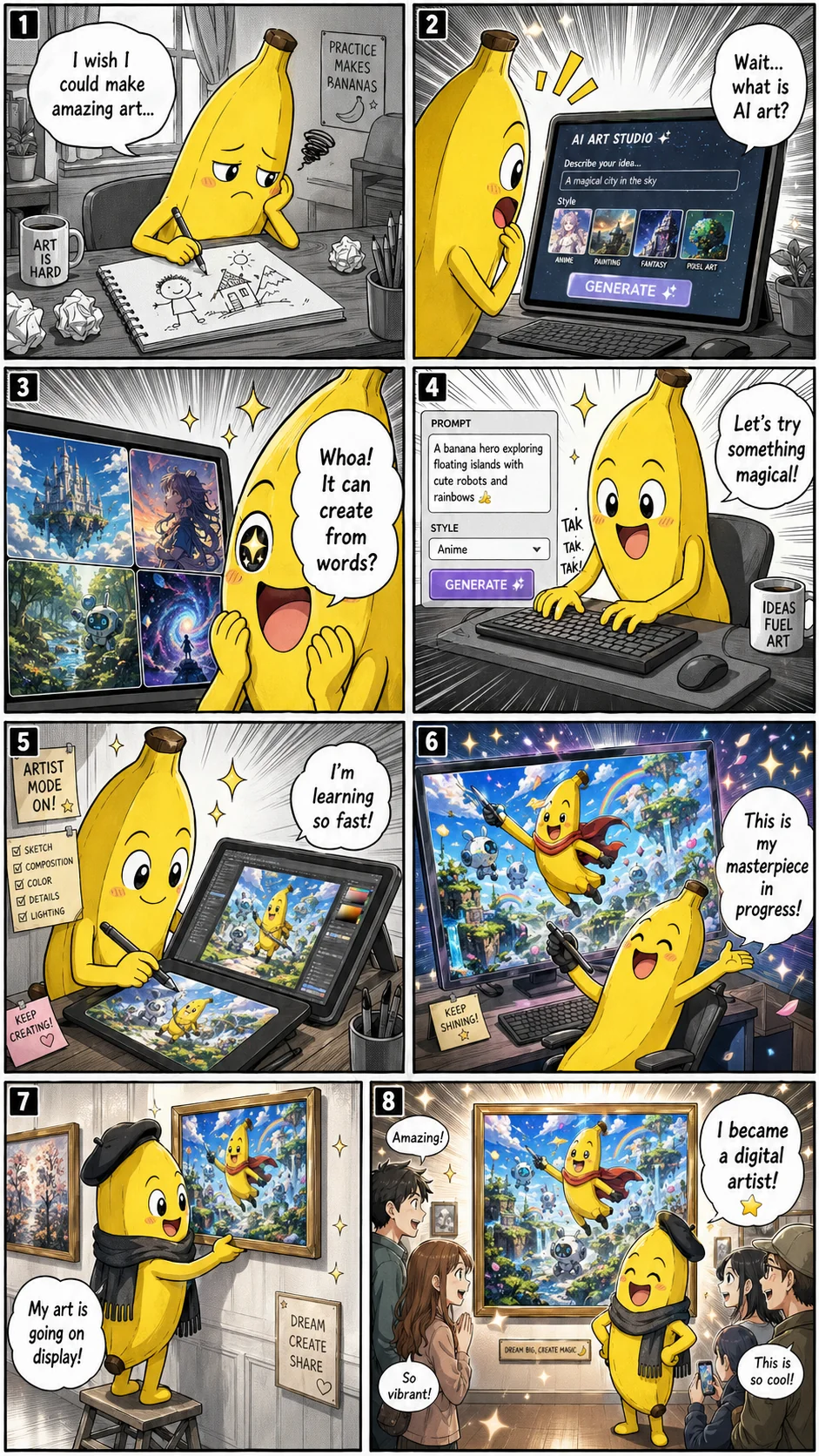 Manga giapponese 8 pannelli di un personaggio banana giallo che scopre l IA e diventa artista digitale