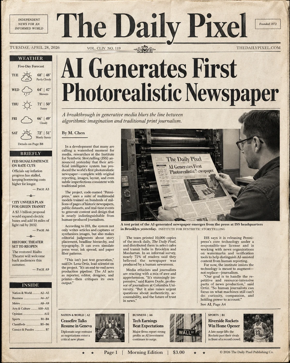 Prima pagina del giornale fittizio The Daily Pixel con titolo AI Generates First Photorealistic Newspaper, tre colonne e barra meteo
