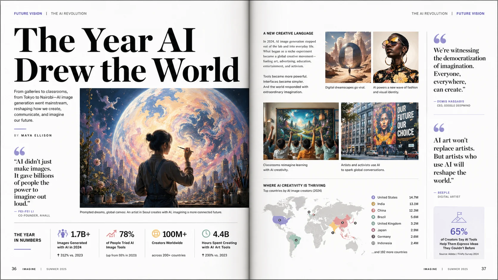 Doppia pagina di rivista intitolata The Year AI Drew the World con immagine hero, citazioni, callout statistici e piccola mappa