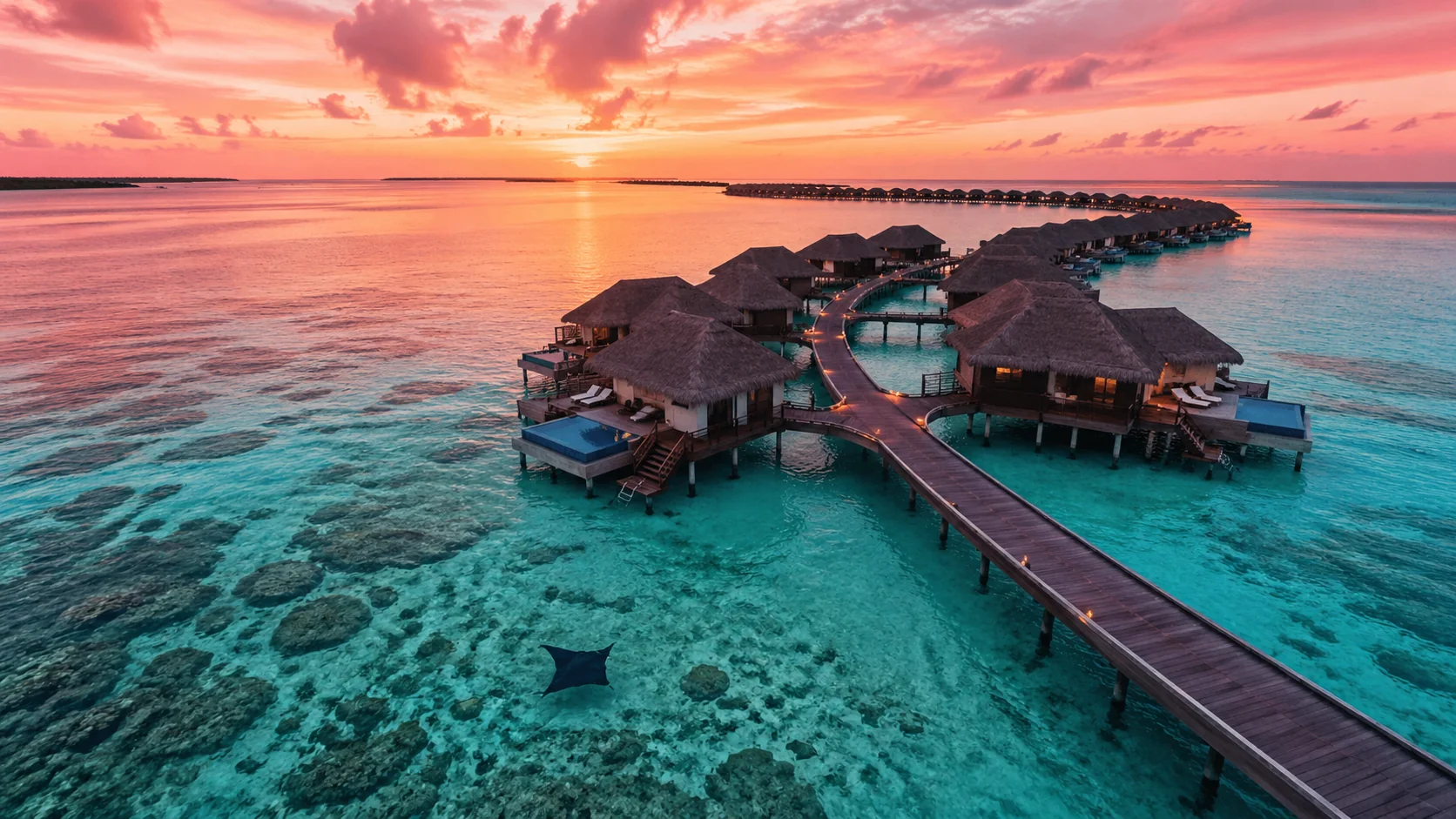 Vista drone aerea di ville sull acqua alle Maldive all alba con laguna turchese cristallina e cielo rosa-oro