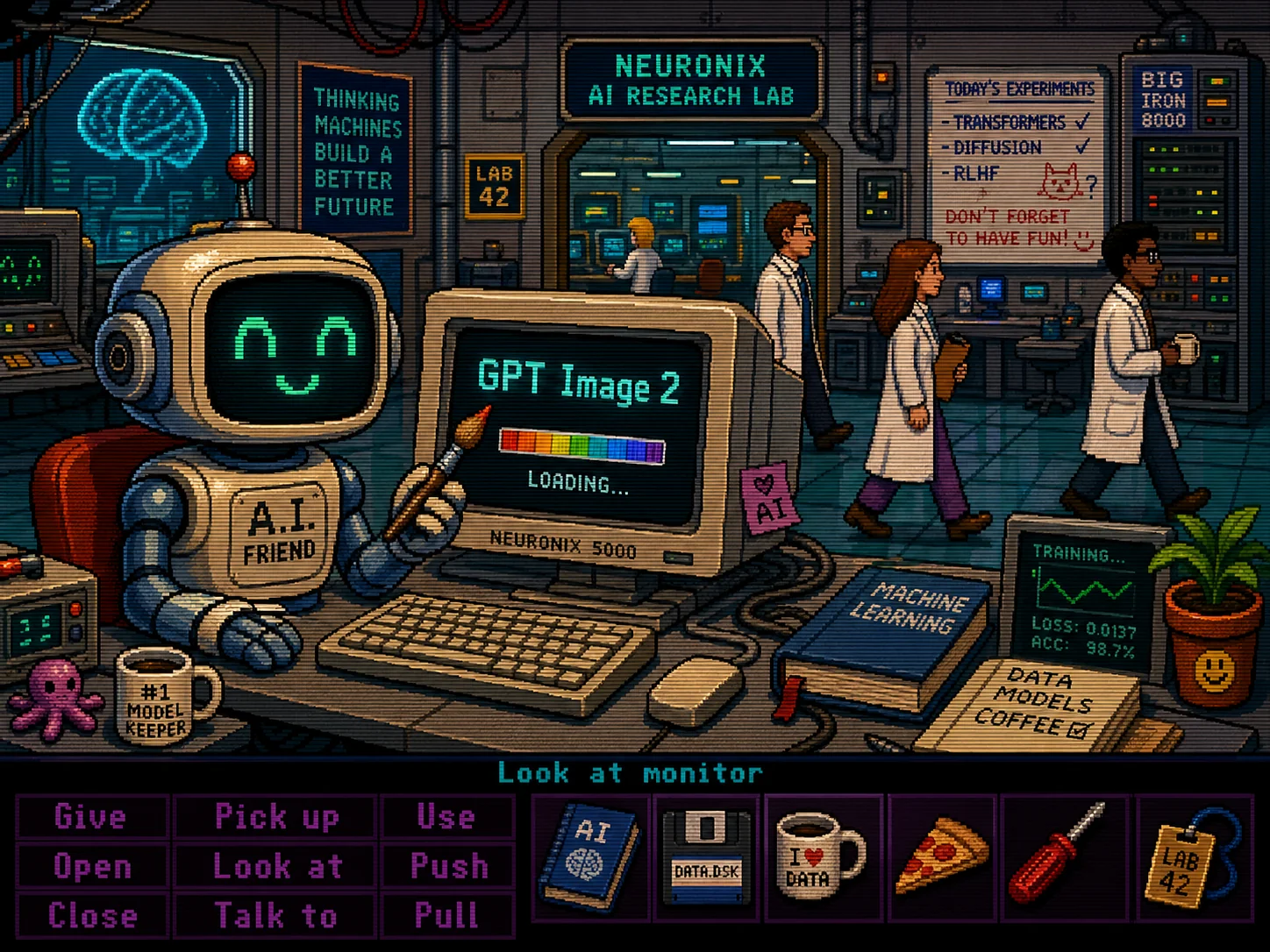 Scena pixel art retro 16-bit dentro laboratorio IA con robot che tiene pennello e monitor CRT che mostra GPT Image 2