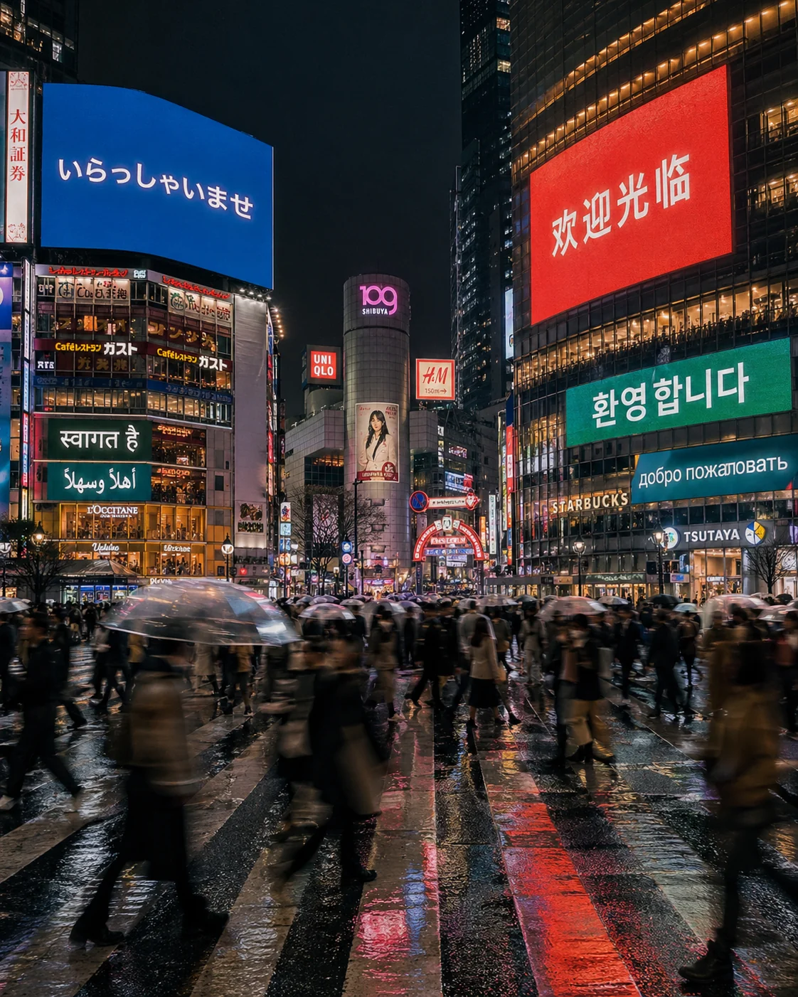 Incrocio Shibuya di Tokyo di notte con cartelloni multilingue in giapponese, cinese, coreano, hindi e arabo