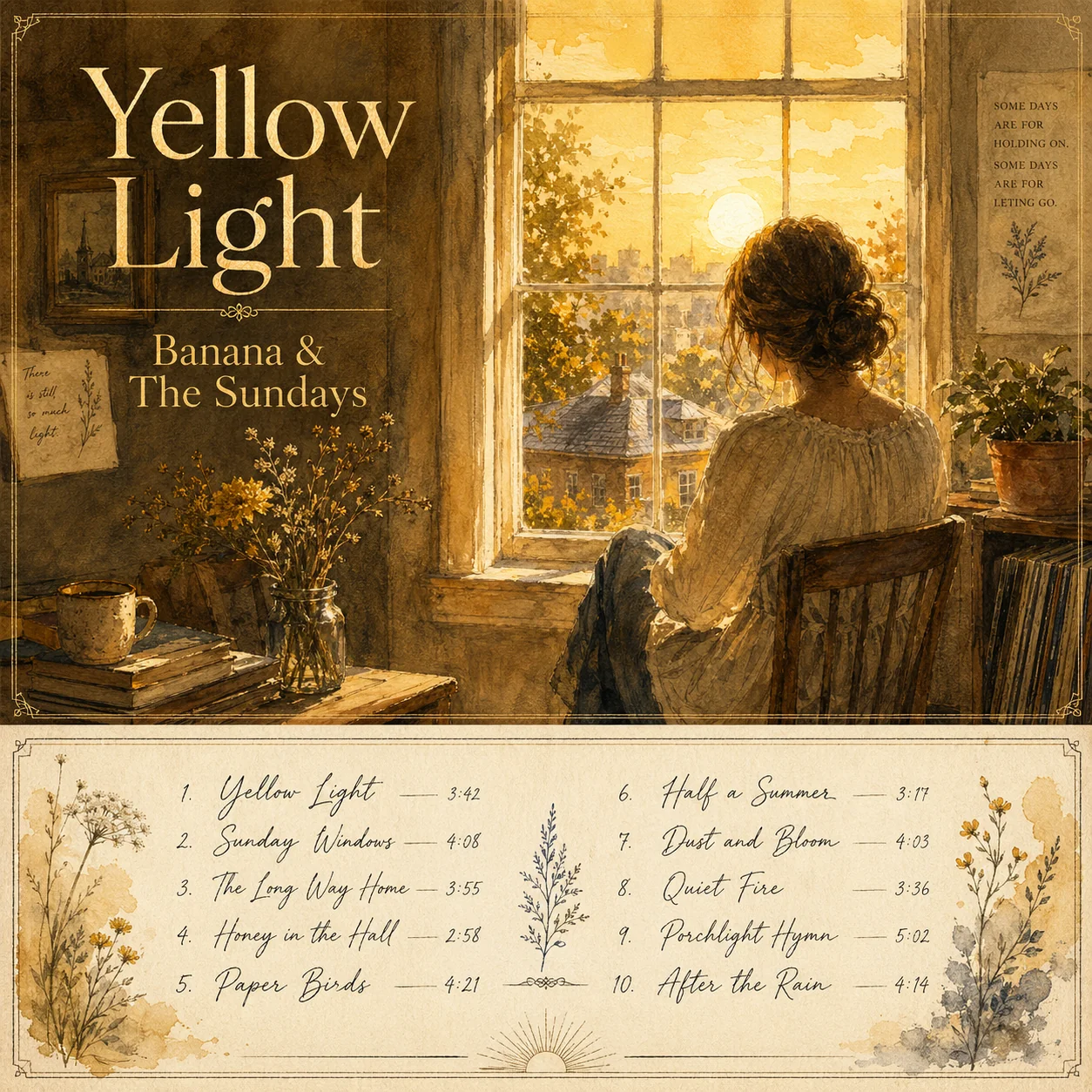 Copertina quadrata per album indie folk Yellow Light di Banana and The Sundays con figura ad acquerello e tracklist