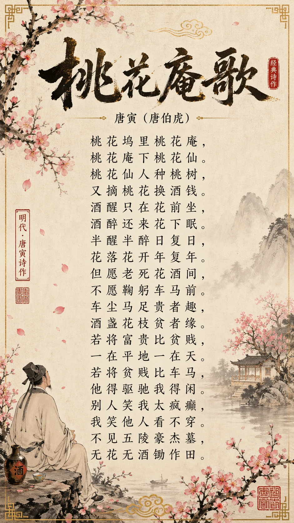 KI-generiertes klassisches chinesisches Gedichtplakat mit Tuschemalerei und Kalligrafie