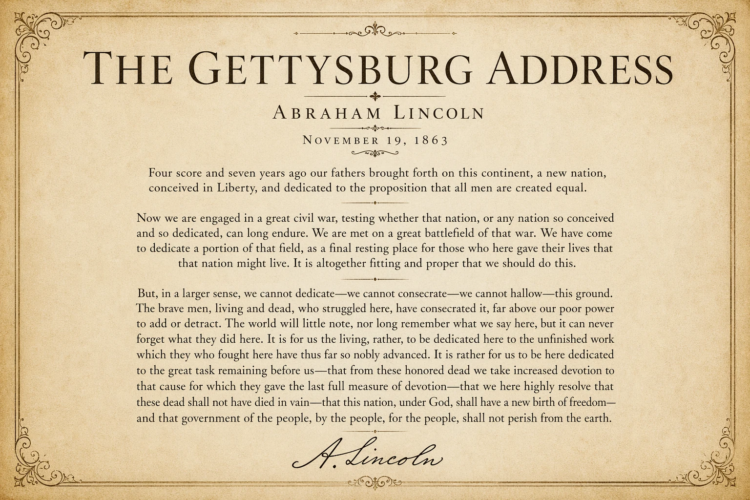 KI-generiertes Editorial-Plakat mit dem vollständigen Text von Lincolns Gettysburg Address