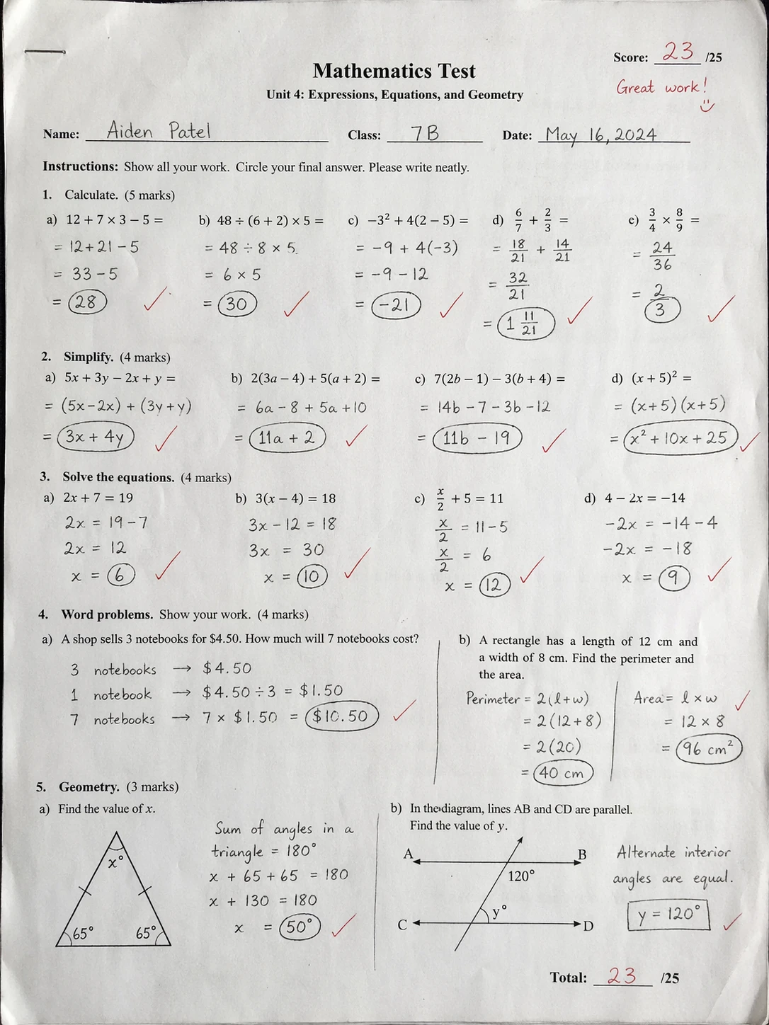 KI-generierter handgeschriebener Mathetest mit Lehrer-Rotstift-Korrekturen und Note