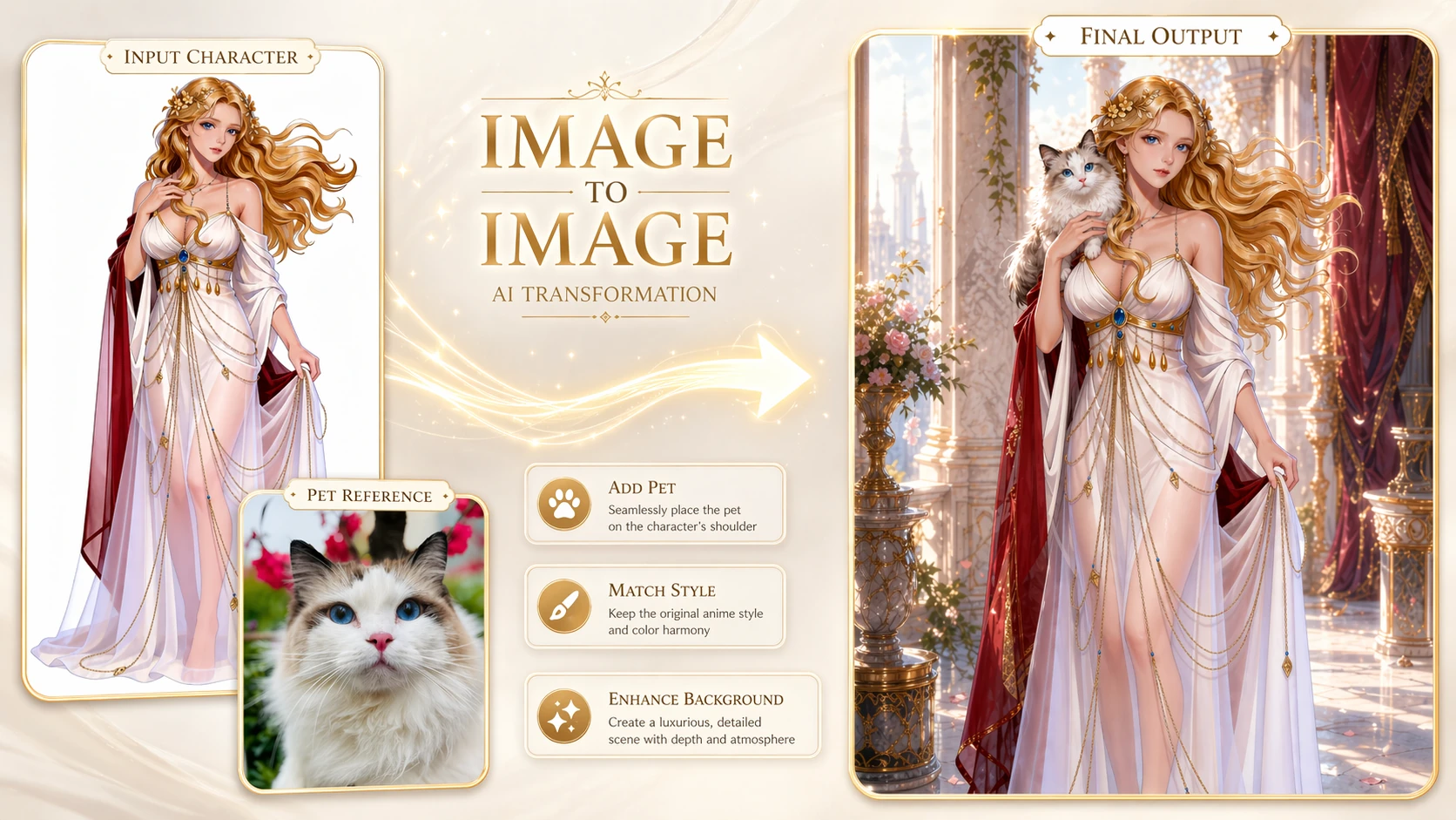 KI Bild-zu-Bild-Demo: Charakterreferenz mit Katzenfoto zu neuer Illustration verschmolzen