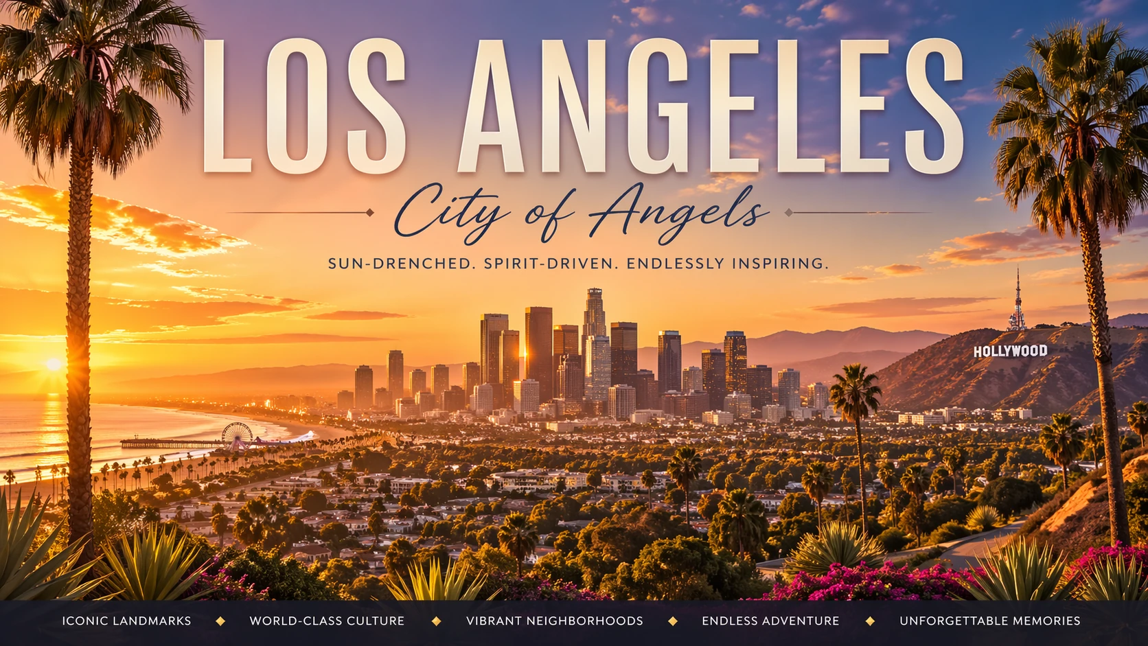 KI-generiertes Los-Angeles-Reiseplakat mit Hollywood-Schild und Sonnenuntergang