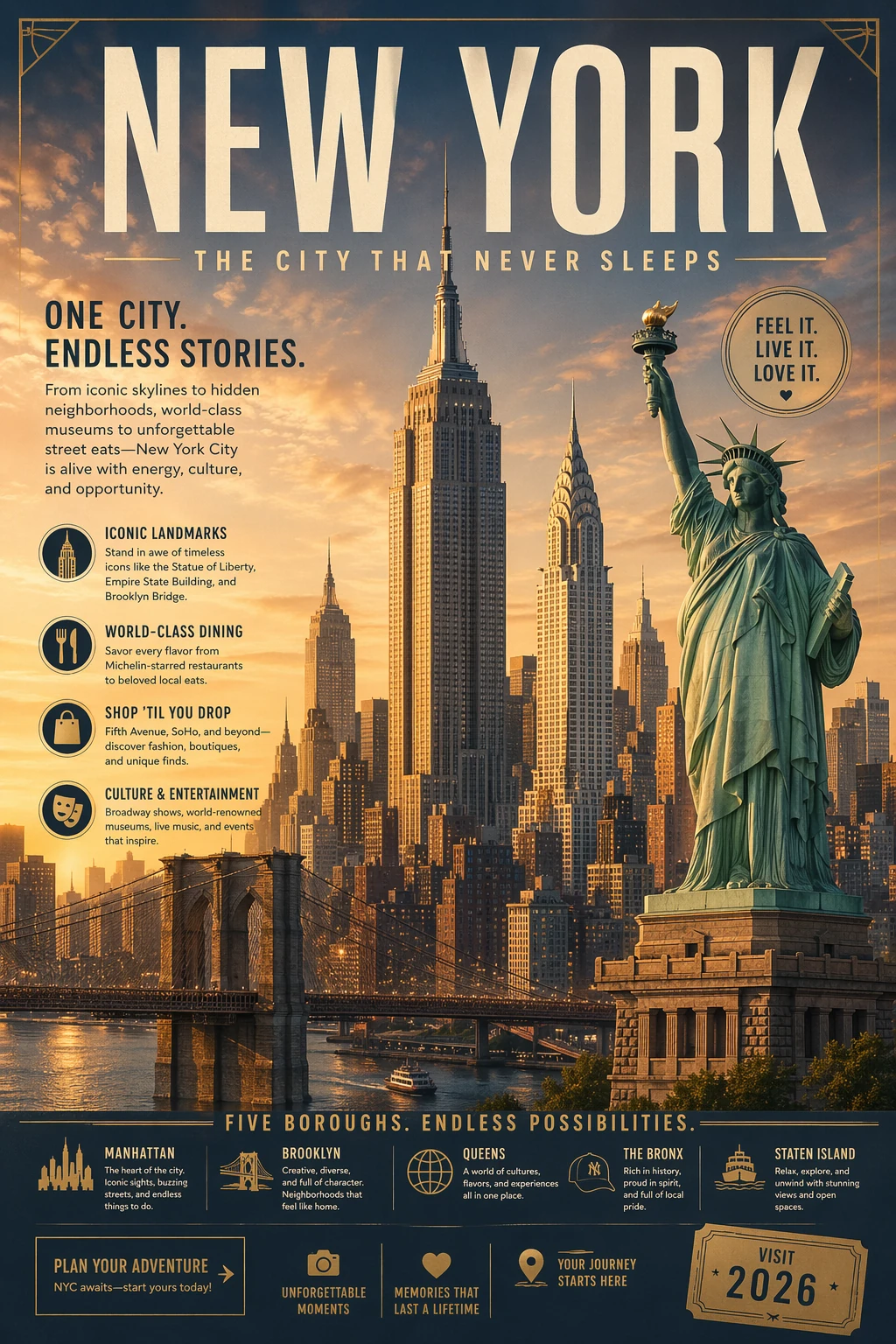 KI-generiertes New-York-Reiseplakat mit Freiheitsstatue und Empire State Building