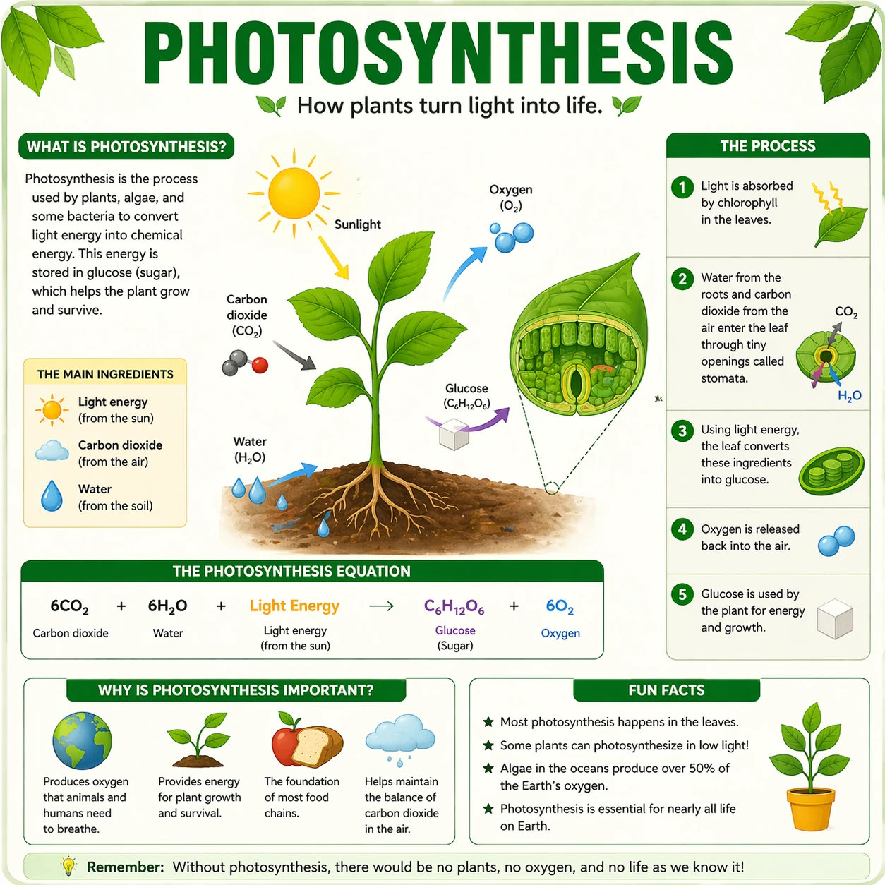 KI-generierte wissenschaftliche Fotosynthese-Infografik mit Gleichung, Hauptbestandteilen und Schritt-für-Schritt-Prozess