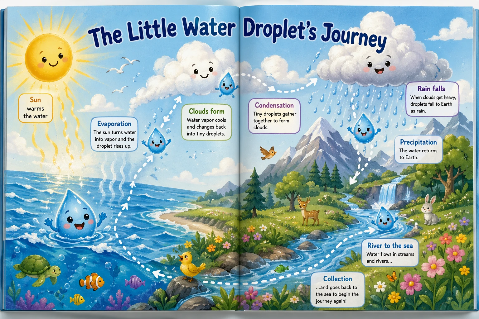 KI-generierte Kinderbuch-Doppelseite, die die Reise eines Wassertropfens durch den Wasserkreislauf zeigt