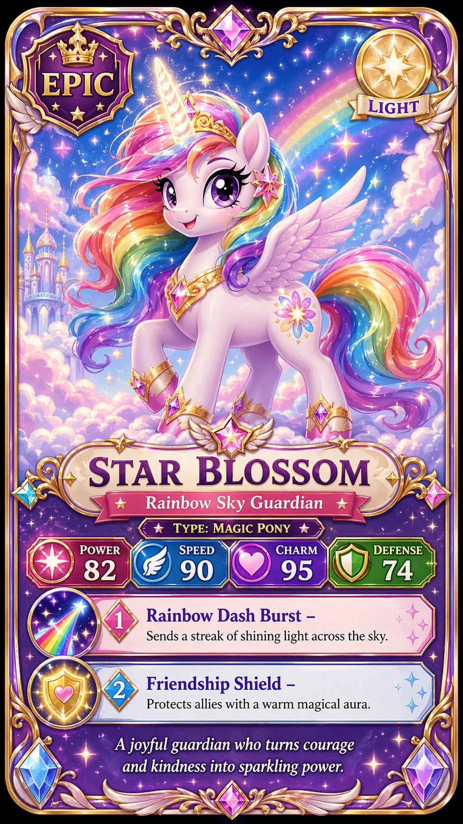 KI-generierte Sammelkarte im My-Little-Pony-Stil mit Werten, Fähigkeiten und Regenbogen-Illustration