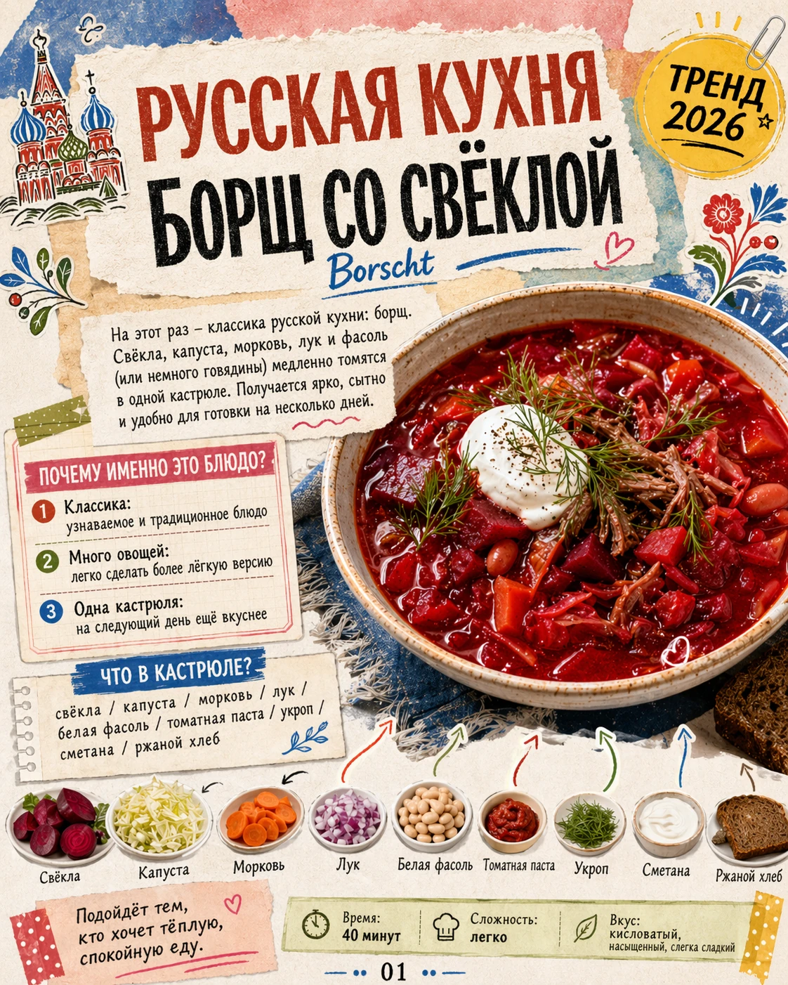 KI-generiertes russisches Borschtsch-Rezeptplakat mit Vintage-Illustrationen und Kyrillisch