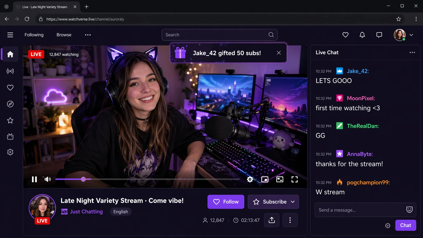 KI-generiertes Twitch-Livestream-Interface-Mockup mit Live-Chat und Zuschauerzahl
